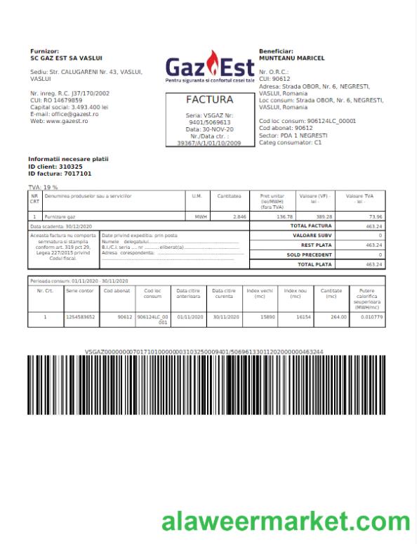 ROMANIA GAZ EST utility bill Word and PDF template